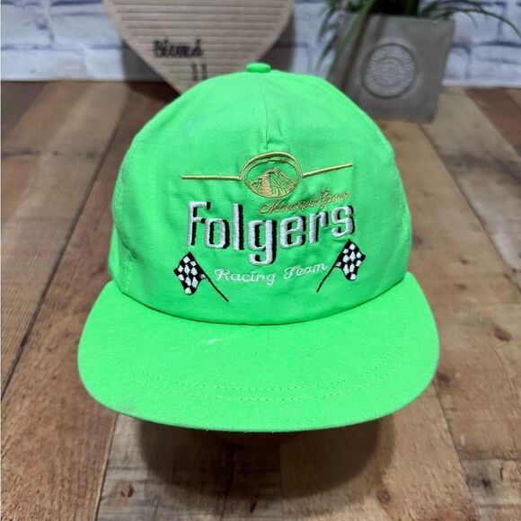 VINTAGE NEON GREEN FOLGERS RACING TEAM ADJ SNAPBACK CAP/HAT MADE IN USA - Picture 1 of 8